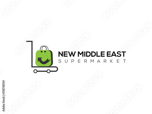 New Middle East super Market concept logo design template. Shopping cart vector illustration isolated on white background. Shopping cart in motion logo design. Shopping cart swoosh wind logo design 