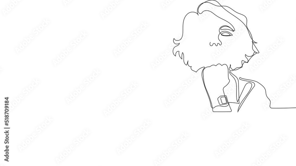 One line. Business woman using laptop working on computer sitting at desk with black line and white background. High quality 4k footage One line. Business woman using laptop working on computer sitting at desk with black line and white background. High quality 4k footage