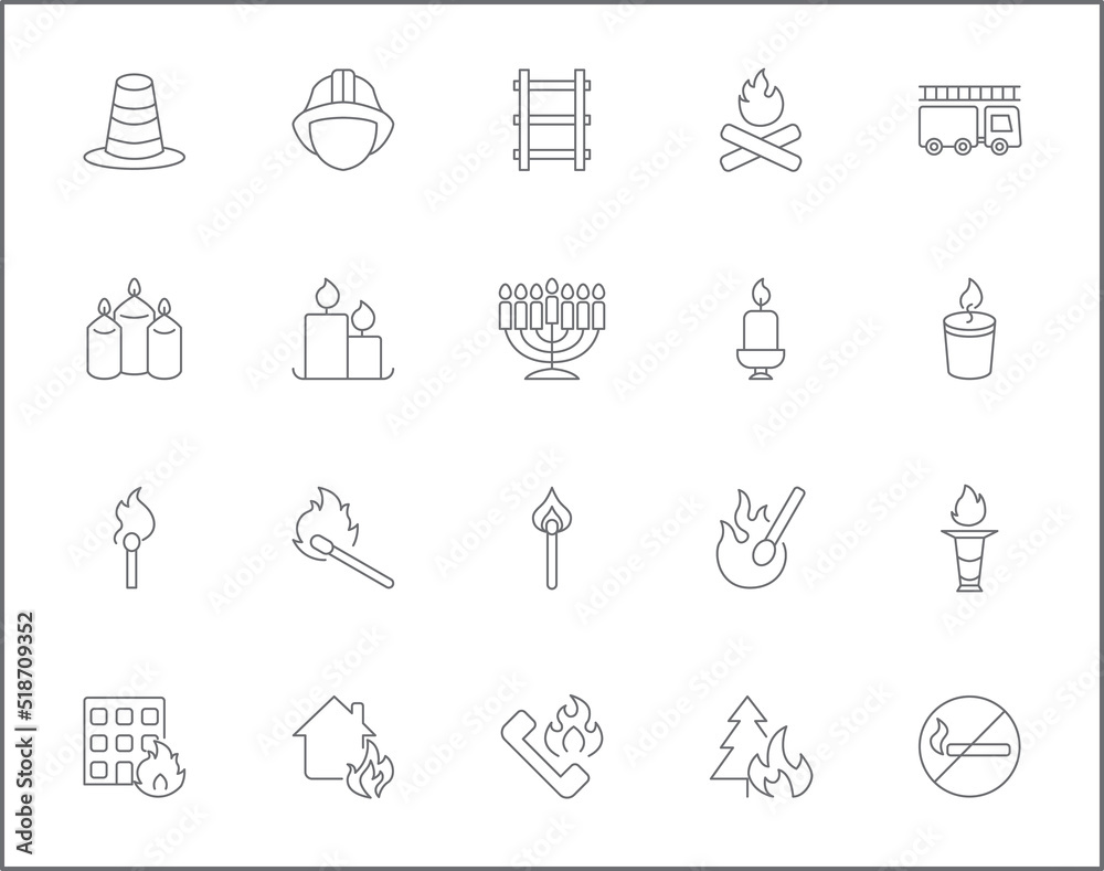 Simple Set of fire Related Vector Line Icons. Contains such Icons as candle, disaster, fireplace, firefighter, hydrant, safety, light symbols and more. Simple Set of fire Related Vector Line Icons. Contains such Icons as candle, disaster, fireplace, firefighter, hydrant, safety, light symbols and more.