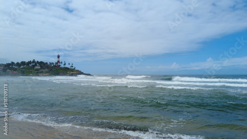 Kovalam beach and vizhinjam light house, Thiruvananthapuram, Kerala, seascape view