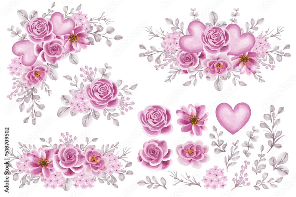 flower rose pink arrangement with flower isolated leaf and flower isolated clipart