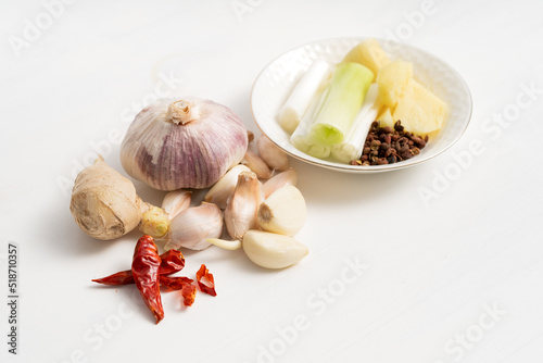 Home-cooked meat stew seasoning on a solid background photo