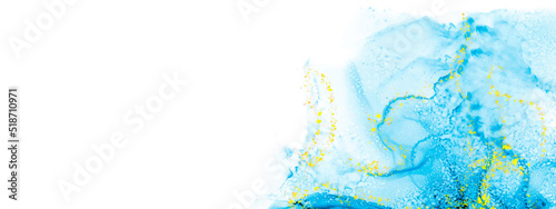 Abstract trendy wallpaper artwork. Ink colors, natural pattern. Watercolor background drawn by brush. Blue paints spilled on paper. Golden shiny veins and cracked marble texture. 