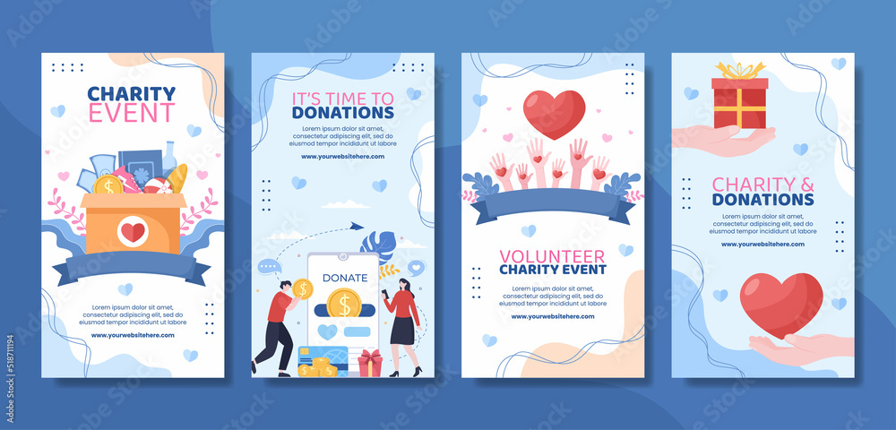 Charity Donation Social Media Stories Template Flat Cartoon Background Vector Illustration