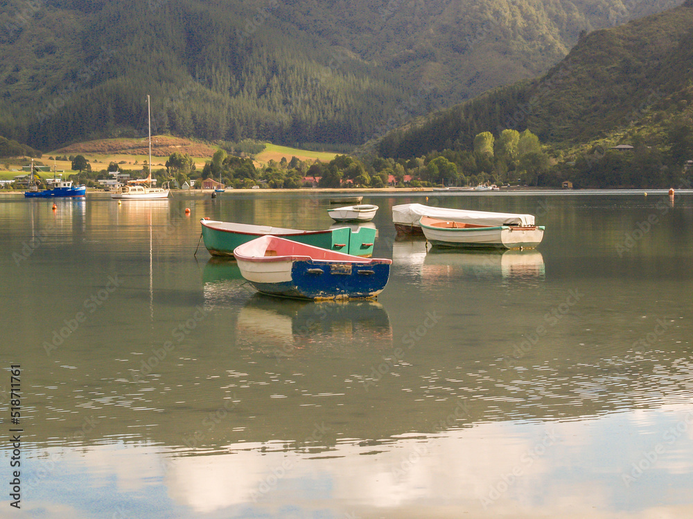 Fototapeta premium Scenic Kenepuru Sound images of water's edge and boats.