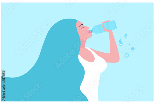 Tela Healthy woman drinking water from plastic bottle vector illustration