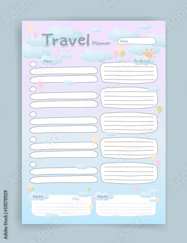 Travel planner. Travel planner template. Habit tracker. Blank template. Vector illustration. Minimal style. Clean style. Daily to do. Cute style.