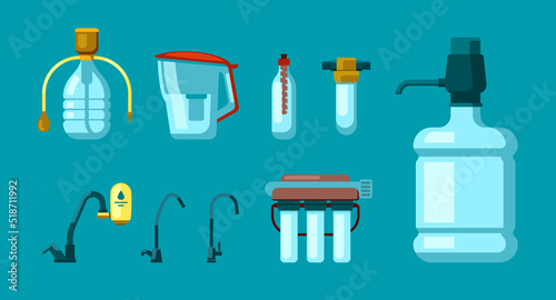 water filters. industrial purification waste treatment system tanks with liquids undersink containers. Vector cartoon templates