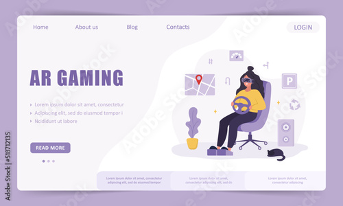 AR gaming landing page template. Woman in VR glasses learning to drive car in metaverse. Racing video game simulator. Modern technology entertainment. Vector illustration in flat cartoon style.