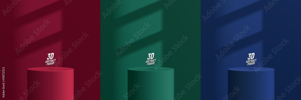 Set of abstract 3D room with realistic cylinder stand or podium. Red ...