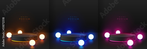 Set of realistic black 3D cylinder pedestal podium with red, pink, blue, yellow glowing sphere balls neon lamps. Abstract minimal wall scene. Mockup products, Stage showcase, Vector geometric forms.