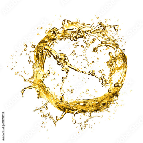 Abstract splash of golden oily liquid on white background