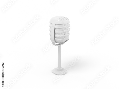 White mono color vintage microphone on a white solid background. Minimalistic design object. 3d rendering icon ui ux interface element.