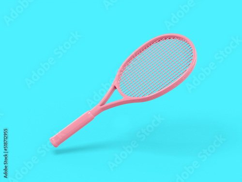 Pink mono color tennis racket on a blue solid background. Minimalistic design object. 3d rendering icon ui ux interface element. © photolas