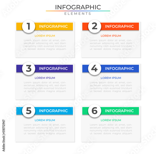 Six steps business infographic elements concept design vector with icons. Timline workflow network project template for presentation and report.