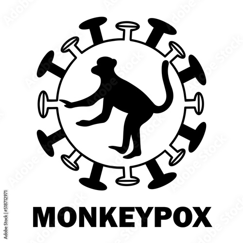 Monkeypox virus vector icon. Silhouette of a monkey inside a round pathogen. Smallpox disease symbol, viral infection concept. Illustration isolated on white. Black and white clipart for web