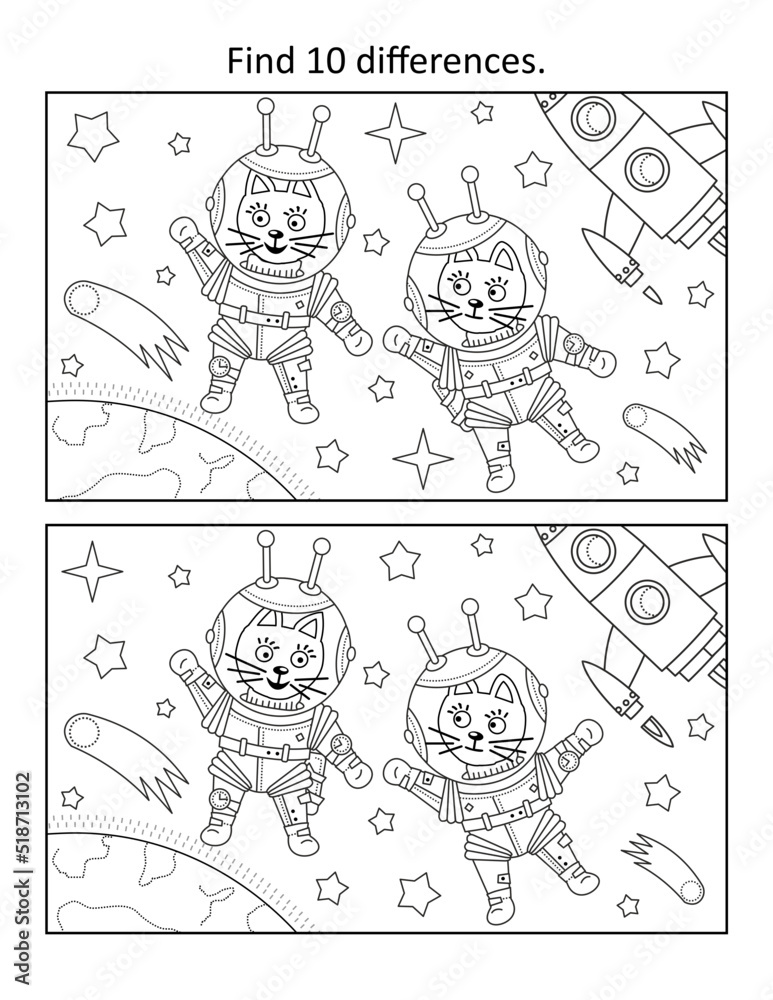 Fototapeta premium Kittens the astronauts, or cosmonauts, in outer space. Find 10 differences picture puzzle and coloring page. Black and white. 