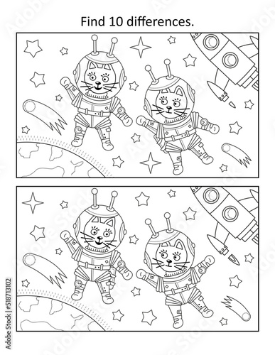 Kittens the astronauts, or cosmonauts, in outer space. Find 10 differences picture puzzle and coloring page. Black and white.
