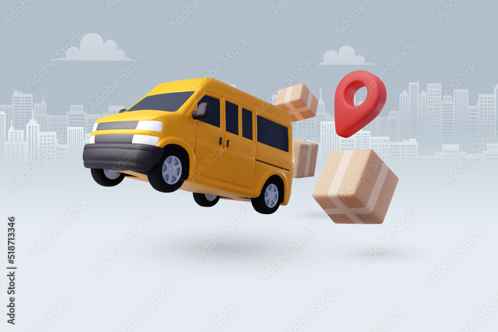 3d Vector Delivery Van with Box cargo, Delivery and online shopping  concept. Stock Vector | Adobe Stock