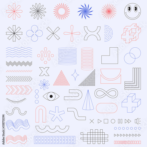 A set of trendy minimalistic linear icons and shapes for web design, posters, clothes, flyers, covers. Universal elements in vaporwave and brutalism style. Retro futurism shapes. Vector illustrations
