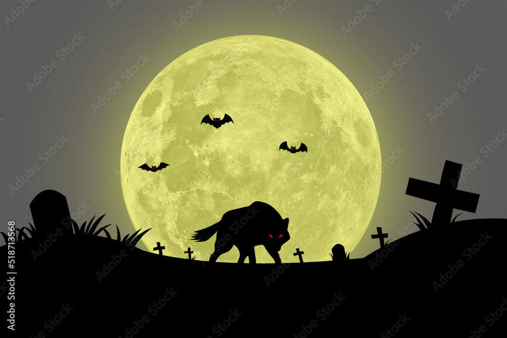 The wolf and the bat in front of the big moon on Halloween night at the grave.