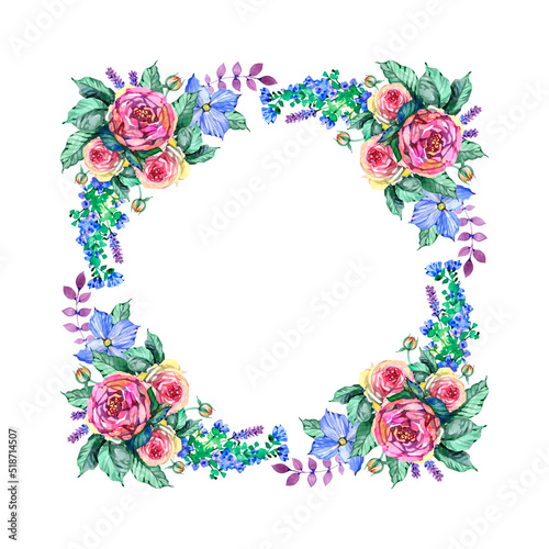 Vintage Watercolor Frame with Blooming English Roses. For You with Place for Your Text.