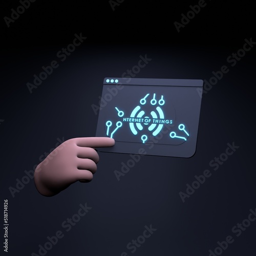 Hand holding neon IoT logo. Internet of thing concept. 3d render illustration.