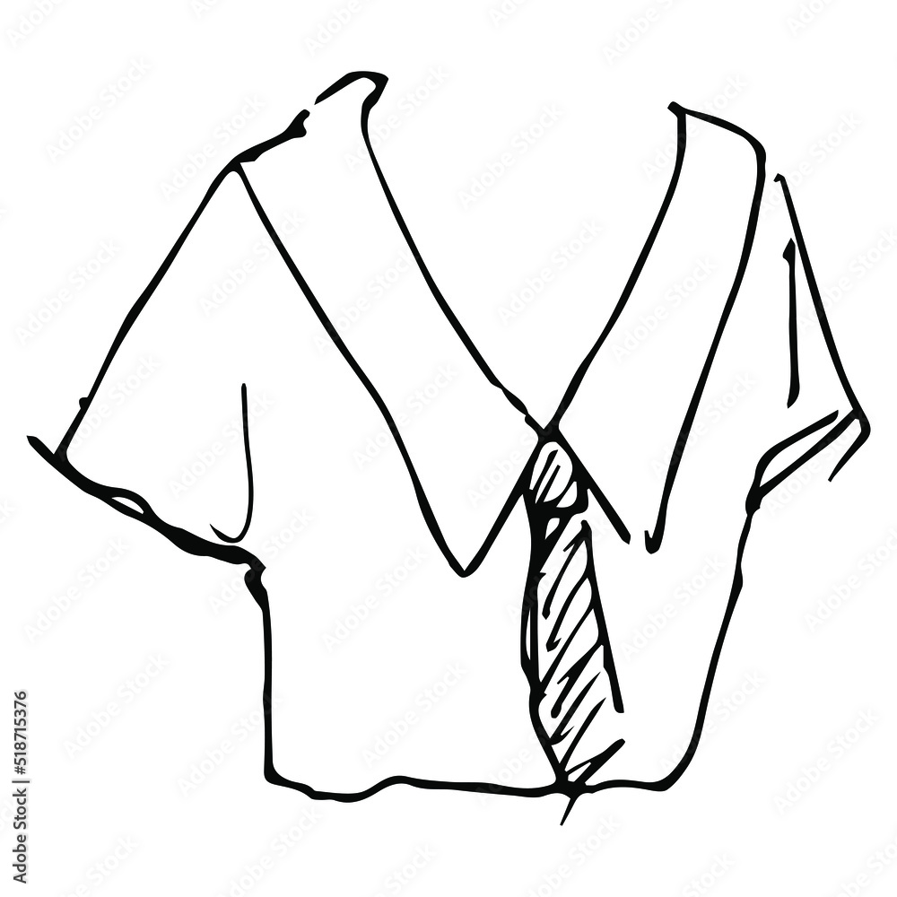Female shirt with short sleeves, collar and tie. Hand drawn linear