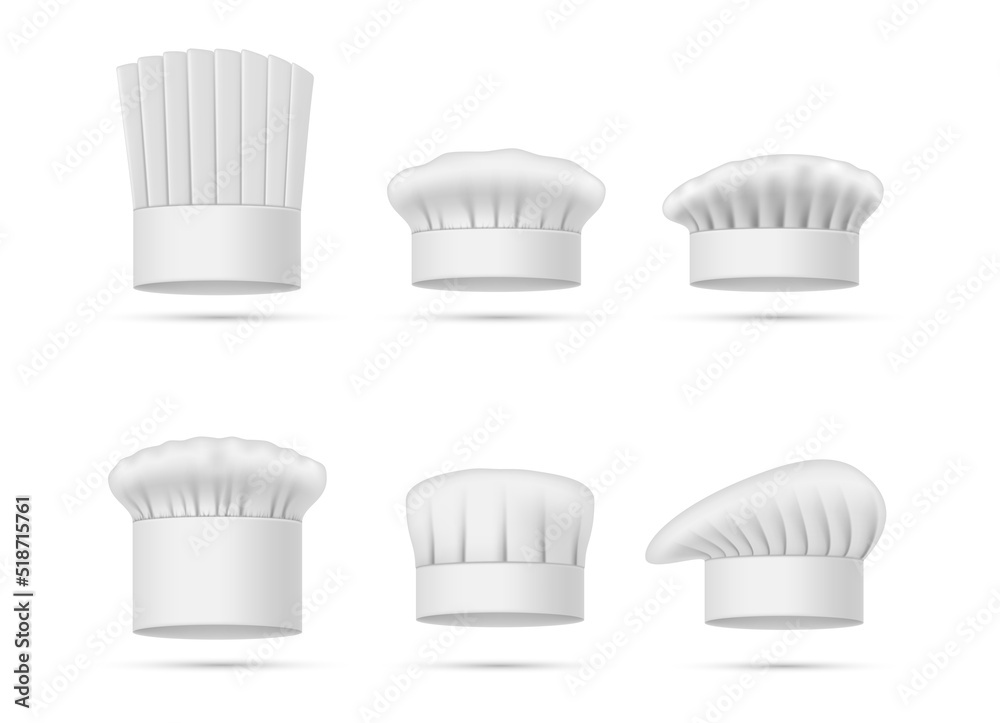 White chef s hat different shape set realistic vector illustration. Cook caps and baker toques White chef s hat different shape set realistic vector illustration. Cook caps and baker toques