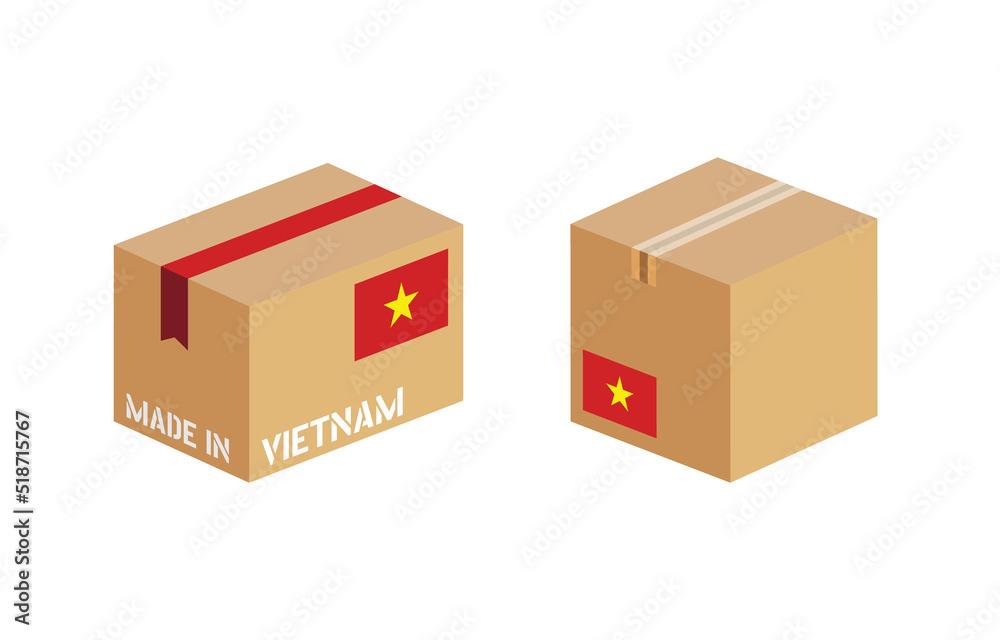box with Vietnam flag icon set, cardboard delivery package made in Vietnam