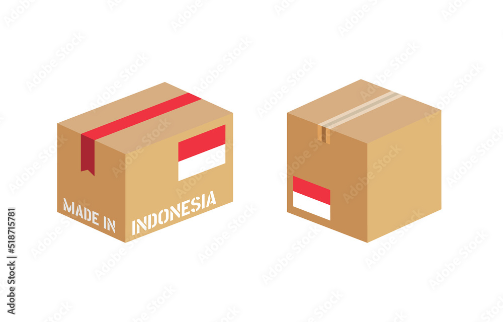 box with Indonesia flag icon set, cardboard delivery package made in Indonesia box with Indonesia flag icon set, cardboard delivery package made in Indonesia