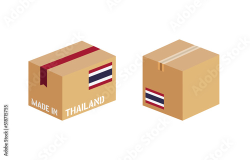 box with Thailand flag icon set, cardboard delivery package made in Thailand