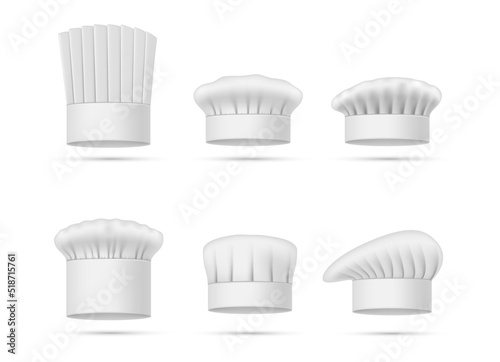 White chef s hat different shape set realistic vector illustration. Cook caps and baker toques
