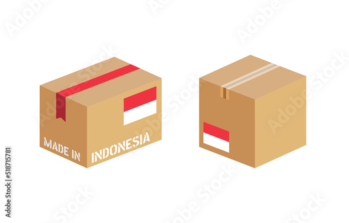 box with Indonesia flag icon set, cardboard delivery package made in Indonesia