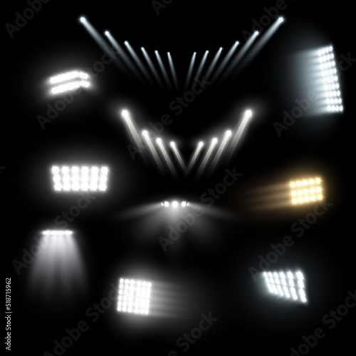 Stadium lighting different shape at darkness set realistic 3d icon vector illustration