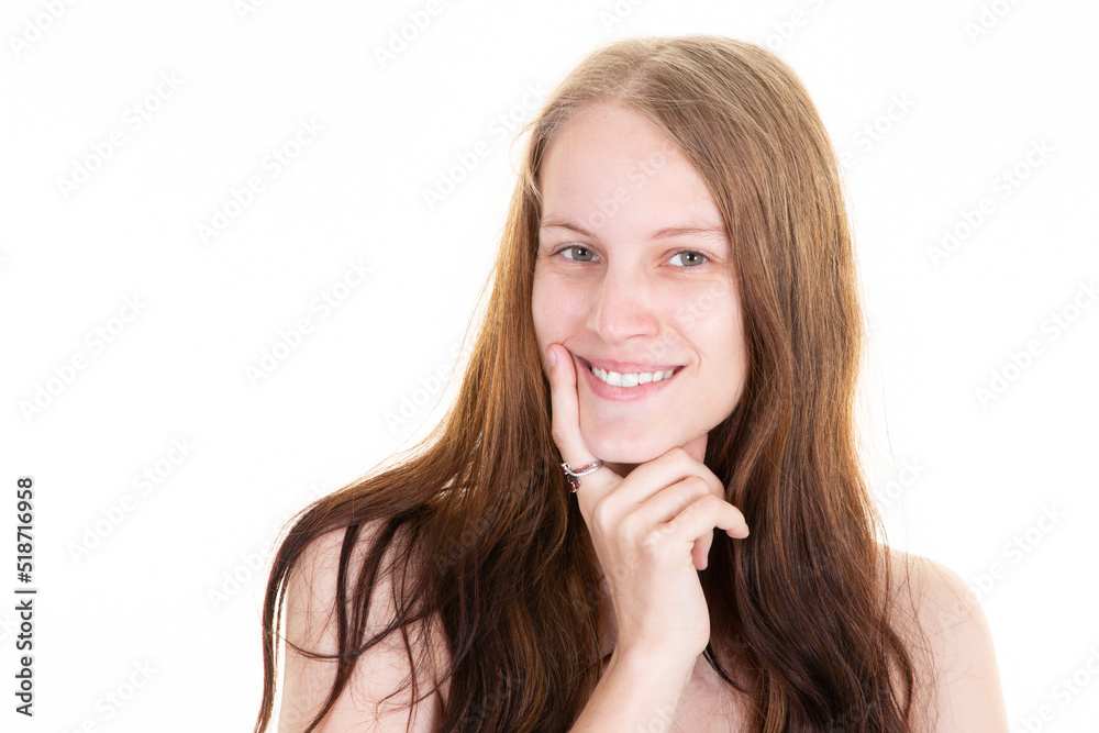 portrait of pretty young happy woman smiling finger on chin on white background portrait of pretty young happy woman smiling finger on chin on white background