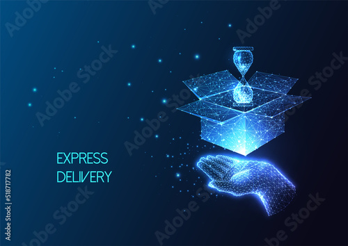 Fast, express, courier delivery concept with hand holding parcel box and hourglass on dark blue