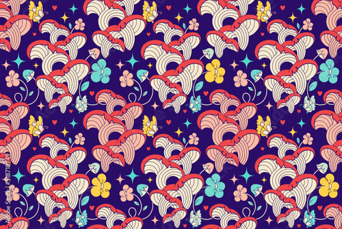 Mystery seamless pattern with groovy mushrooms. Retro 60s, 70s floral graphic. Hippie style hallucination background. Vintage spiritual vision. Sacred Textile, fabric, wrapping, wallpaper, background.