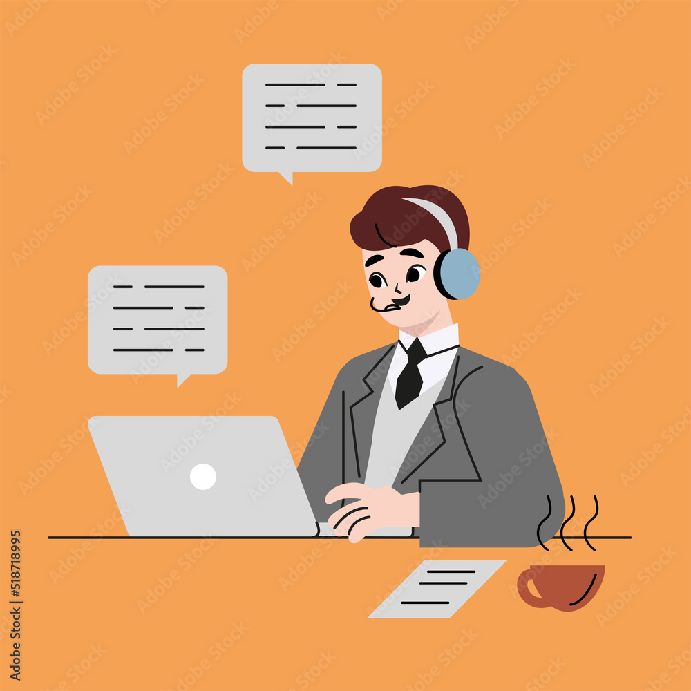 Operator of call center working online with laptop and headset. Manager of customer support service consulting clients through internet. Flat drawn style vector design illustration of digital helpdesk Operator of call center working online with laptop and headset. Manager of customer support service consulting clients through internet. Flat drawn style vector design illustration of digital helpdesk