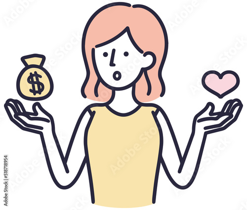 愛とお金を比較する女性　シンプルイラスト