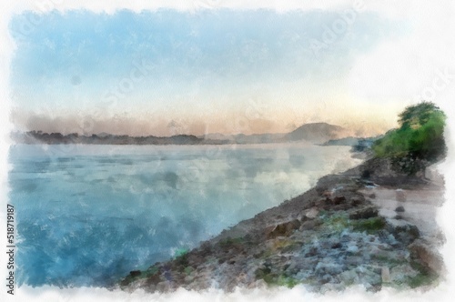 Mekong river landscape of Thailand watercolor style illustration impressionist painting. © Kittipong