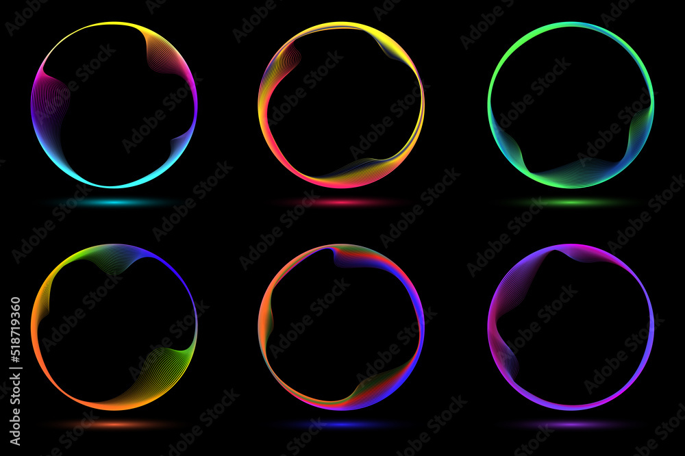 Set of glowing neon color circles round curve shape with wavy dynamic lines isolated on black background