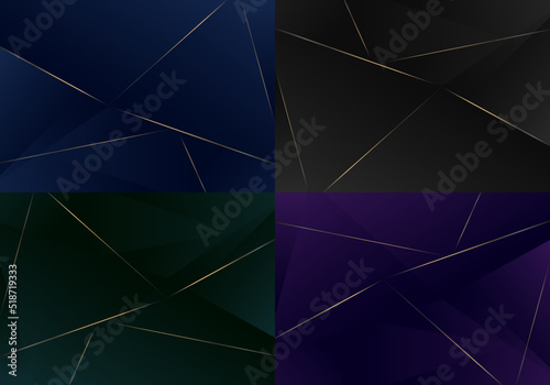 Set of abstract luxury low polygon triangles with golden lines background