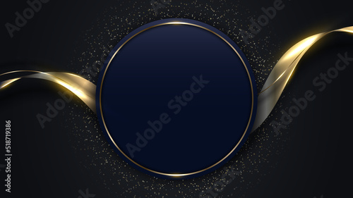 Abstract modern luxury dark blue circle shape and golden ring with gold glitter ribbon lines on dark background