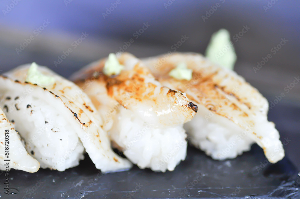 sushi or engawa sushi or fish sushi, rice topped with engawa or fish rolls sushi or engawa sushi or fish sushi, rice topped with engawa or fish rolls