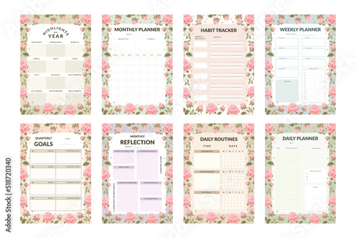 Daily Planner, Weekly Planner, Habit Tracker, Monthly Planner, Yearly Planner Collection with Aesthetic Flowers