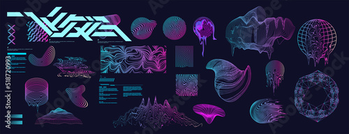 Holographic Retro futuristic 80s-90s
style. Cyberpunk concept.   Neon shapes with glitch, Shapes design elements, retro vibe,