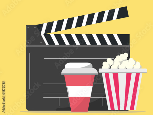 映画鑑賞 ポップコーンとドリンク 飲み物 上映 カチンコ ベクターイラスト