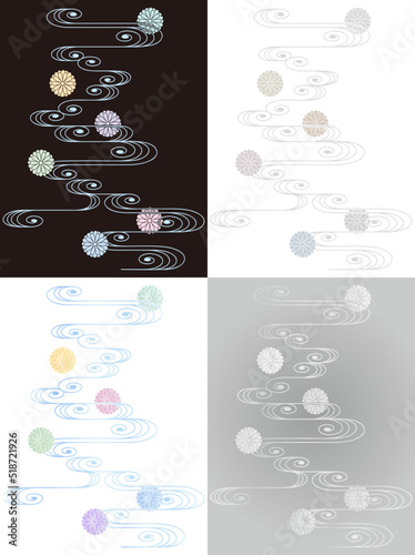 和風の菊と流水模様、.慶弔イメージのベクター背景素材.