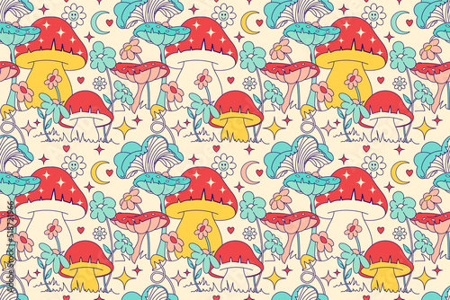 Floral graphic with groovy mushrooms. Seamless pattern, retro 60s, 70s hippie style spiritual background. Vintage meadow, wonderland. Sacred Textile, fabric, wrapping, wallpaper, background.